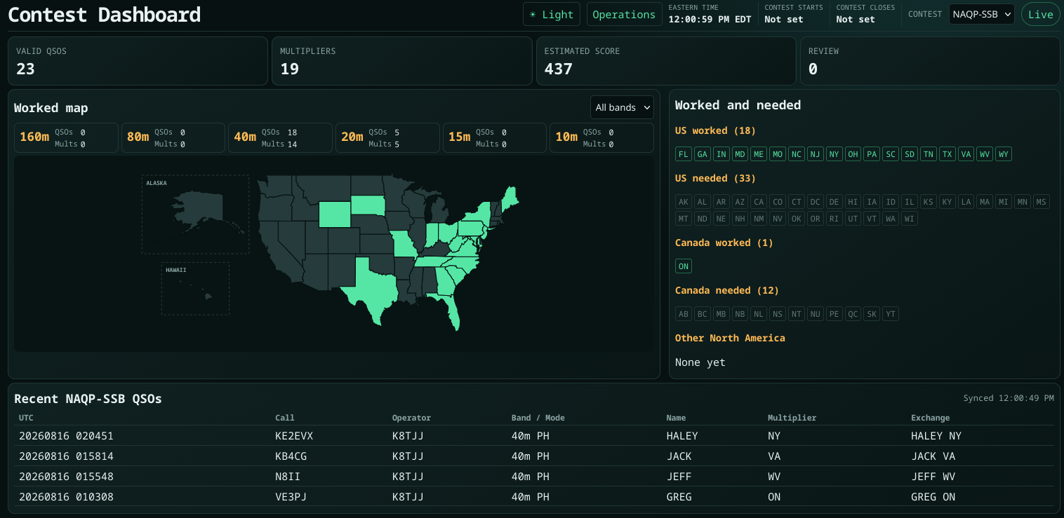 A dashboard showing my results in the North American QSO Party SSB August 2026. 18 states are highlighted.