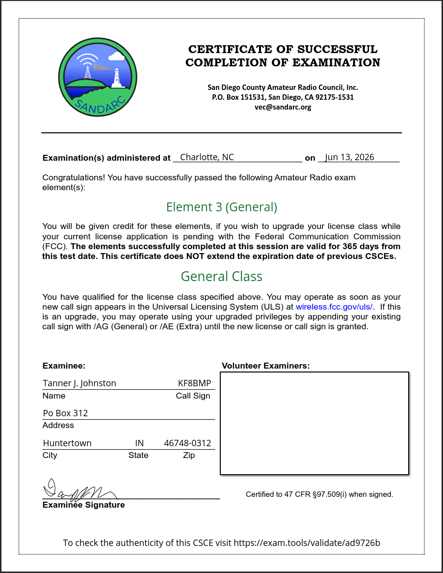 Screenshot of my General class Certificate of Successful Completion of Examination